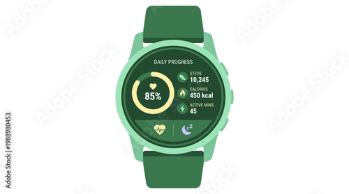 Smartwatch Daily Progress: The smartwatch displays a vibrant interface, showcasing real-time data on the user's daily progress towards their fitness goals. The circular display shows steps taken.