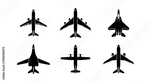Airplane silhouette vector set, 6 aircraft icons, commercial and military plane symbols