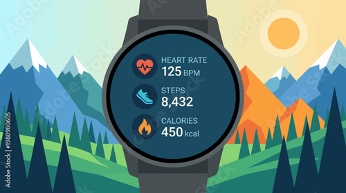 Smartwatch Data: An illustration of a modern smartwatch screen displaying health metrics amidst a stylized landscape of mountains and sun. Showcasing the convergence of technology and wellness.