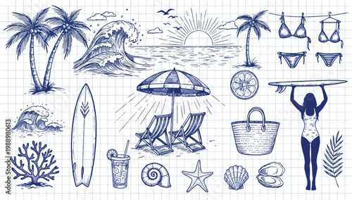 Hand drawn doodle beach and surf vector illustration set. Tropical naive coastal elements like palm trees, waves, surfboards, and sun perfect for summer designs, t-shirts, posters, and placard prints.