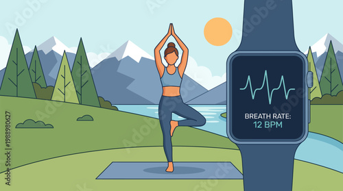 Wellness Tech Fusion: A serene yoga practitioner, immersed in a tranquil outdoor setting, monitors their breath rate via a sleek smartwatch.