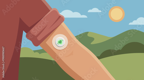 Continuous Glucose Monitor in the Nature: a person with a continuous glucose monitor (CGM) sensor attached to their arm.