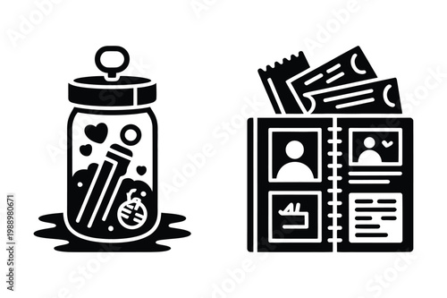 Memory jar with keepsakes and photo album with tickets vector icon set, personal