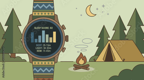 Smartwatch Sleep Monitoring and Camping: An illustration showcasing a smartwatch displaying sleep data, complemented by a serene campsite setting with trees, a tent, a bonfire, and a crescent moon.