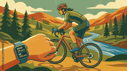 Cycling Through the Scenic Route: A cyclist meticulously monitors a smart watch displaying speed and distance as they traverse a picturesque landscape.