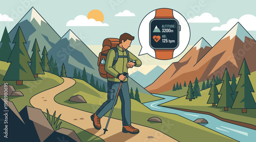 Exploring the Highlands: An illustrated hiker navigates a scenic trail, monitoring vital statistics through a smart watch amidst rolling hills and lush vegetation.
