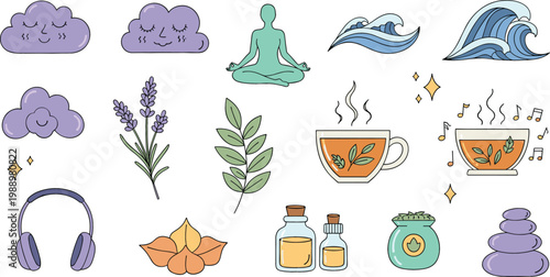 Self care wellness icons set with meditation, tea, lavender, waves, clouds, headphones and aromatherapy elements, cute hand drawn relaxation vector illustration collection