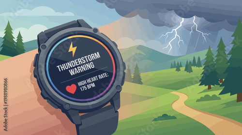 Smartwatch's Storm Alert: A close-up showcases a smart watch displaying a thunderstorm warning against a background of mountains, highlighting the convergence of technology and nature.