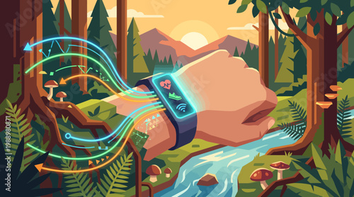 Embracing the Digital Frontier: A vibrant illustration showcasing a wrist adorned with a cutting-edge smartwatch, seamlessly merging the realms of nature and technology.