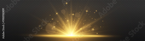 A bright yellow light shines in a dark background with sparkling stars and rays