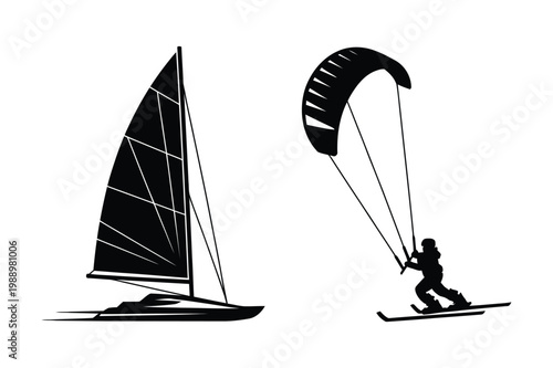 Sailboat and kitesurfing or snowkiting with kite vector sports silhouette set