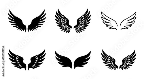 Heraldic eagle wings set, black bird wing silhouettes, 6 vector wing icons for logos