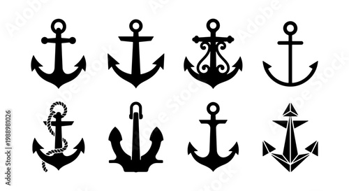 Nautical anchor silhouettes, set of 8 marine icons, vintage ship anchor vector graphics