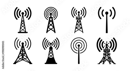 Radio tower icons set, telecommunication signal symbols, 8 black antenna vector icons