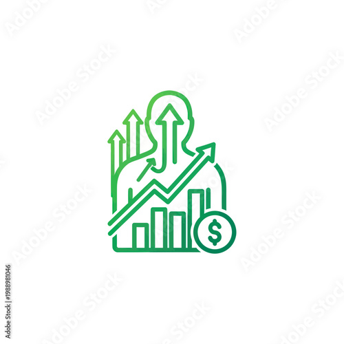 Business growth concept: person silhouette with upward trending graph and coins