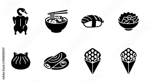 Asian food icons set, 8 black solid vector symbols, Chinese and Japanese cuisine menu