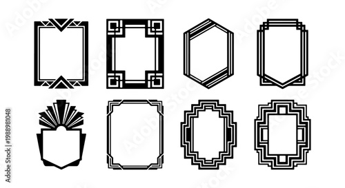 Art Deco frames set, 8 vintage geometric borders, black Gatsby style vector elements