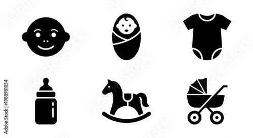 Baby icon set, newborn infant care symbols, black nursery vector elements for web
