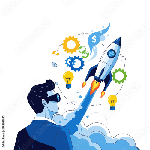 Businessman launching rocket with ideas and gears, symbolizing startup and innovation