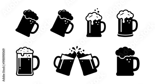 Minimalist beer mug icons, set of 7 foaming beer glass vectors, black brewery symbols