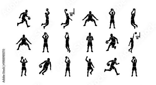 Basketball player silhouettes, 18 athlete icons set, sports action vector graphics