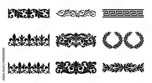 Vintage ornamental borders, 9 black filigree vector elements, classic laurel wreaths