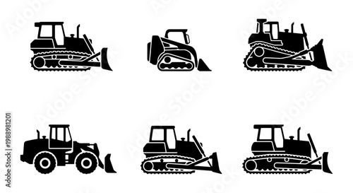 Bulldozer construction vehicle icons, heavy machinery silhouettes, 6 vector equipment