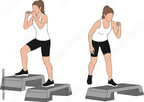 Step aerobics workout with woman exercising on platform, cardio fitness routine for lower body training, gym exercise vector illustration