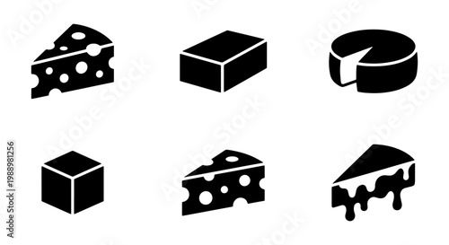Cheese icon set, dairy product silhouettes, 6 black food vector elements for menu design