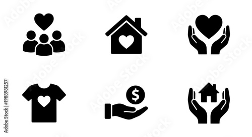 Charity and donation icon set, 6 black solid vector icons, nonprofit community symbols