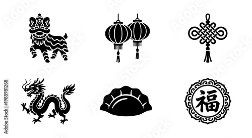 Chinese New Year icons, 6 black vector elements, Lunar New Year dragon and lion symbols