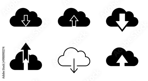 Cloud computing icons set, 6 upload and download symbols, data storage vector graphics