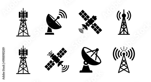 Telecommunication tower icons, satellite dish and radio antenna set, 8 vector elements