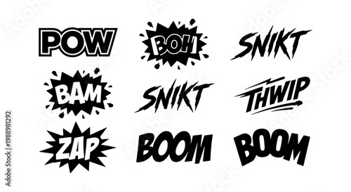 Comic book sound effects, 9 black and white action words, retro pop art vector icons