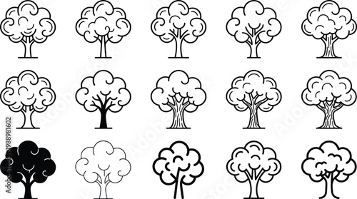 Tree Icon Set Featuring Various Tree Designs with Different Canopy Shapes and Trunk Styles for Nature, Environment, and Gardening Themed Designs in Black and White