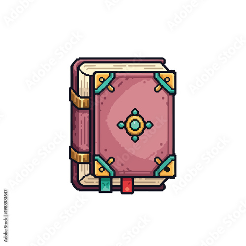 This charming pixel art illustration depicts a thick, ornate pink grimoire featuring golden corner protectors and a central teal jewel.