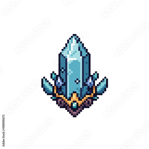 Detailed pixel art illustration of a glowing blue crystal cluster held within an ornate gold and dark metallic mounting, isolated on white.