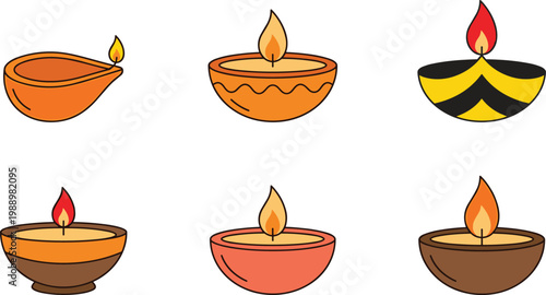Candle Icon Set Featuring Various Traditional Oil Lamps and Decorative Candles for Diwali, Festival, and Spiritual Themed Designs in Bright Colors