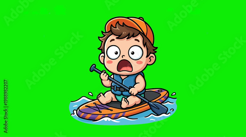 Cartoon Boy Paddling on a Paddleboard with a Shocked Expression.