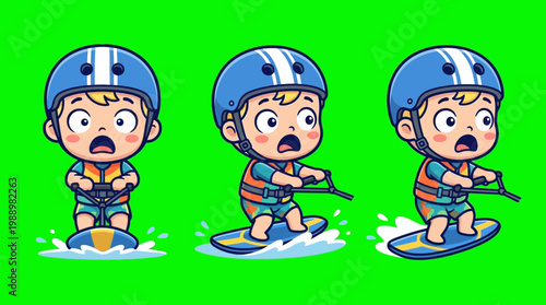 Cartoon Boy Wakeboarding on Water with Helmet and Life Vest.