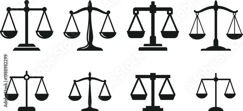 Set of Black Scales of Justice Icons for Legal, Court, and Law Illustrations in Solid Silhouette Style