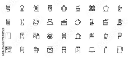 Coffee icon set. Minimalist vector icons pack. Includes coffee maker, cup, grinder, kettle, french press, milk pitcher, tea and more. Editable stroke.