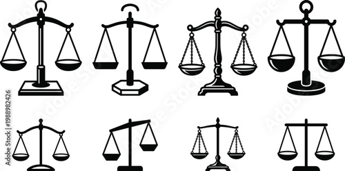 Set of Black and White Justice Scales Icons in Various Styles for Legal, Court, and Law Illustrations