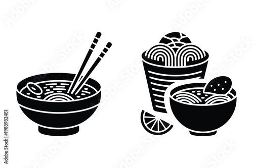 Black and white vector set of asian noodle dishes, ramen bowls with chopsticks