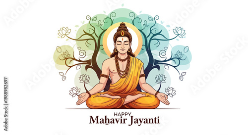 Illustrated for Mahavir Jayanti, Lord Mahavir is depicted in a meditative pose against a white background, surrounded by stylized trees and a glowing halo, embodying a peaceful