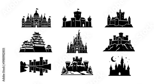 Medieval castle silhouette icons, 9 fortress vector set, royal palace building graphics