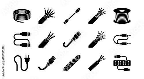Electrical cable icons set, 15 wire and connector vector symbols, power cord silhouettes