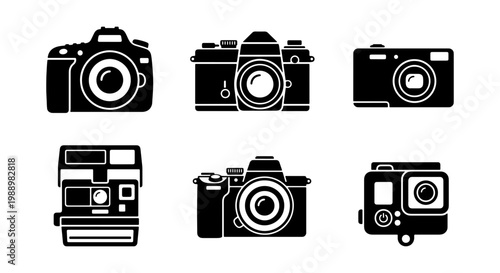 Vintage and modern camera icons, 6 digital photography vector set, black camera silhouettes