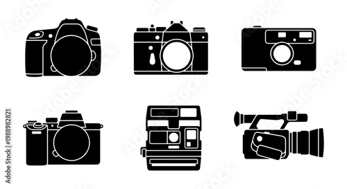 Vintage camera icons set, photography equipment silhouettes, 6 black vector camera signs
