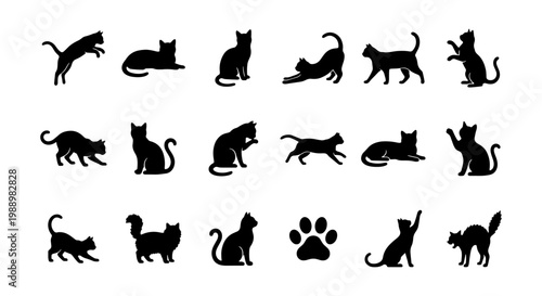 Black cat silhouettes set, 17 feline animal icons, kitten paw print vector graphics